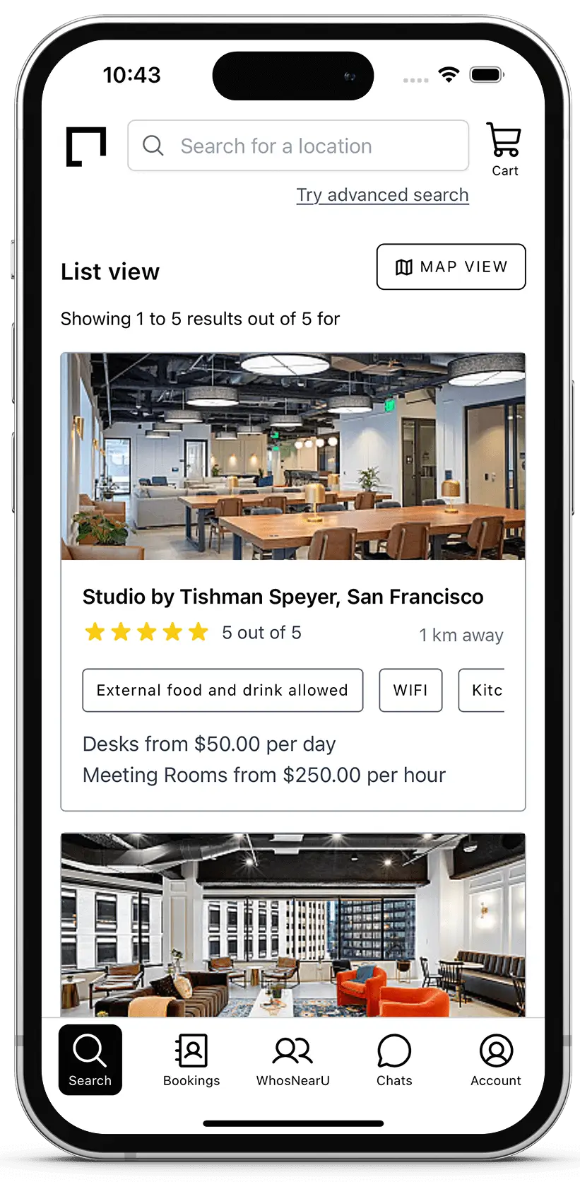 NearU app showing a list of available workspaces
